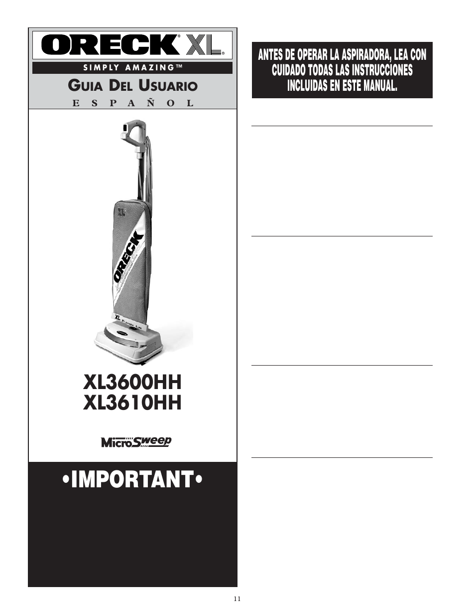Important, Guarde este folleto, Suario | Oreck SIMPLY AMAZING XL3600HH User Manual | Page 12 / 16