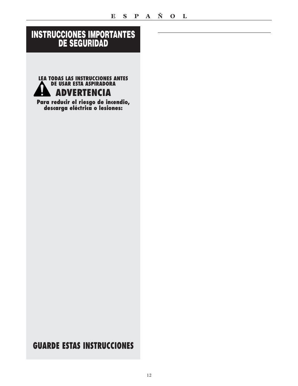 Instrucciones importantes de seguridad, Advertencia, Guarde estas instrucciones | Oreck SIMPLY AMAZING XL3600HH User Manual | Page 13 / 16