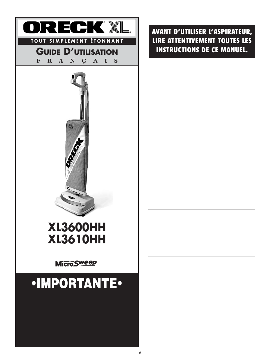 Importante, Conservez ce fascicule, Uide | Utilisation | Oreck SIMPLY AMAZING XL3600HH User Manual | Page 7 / 16
