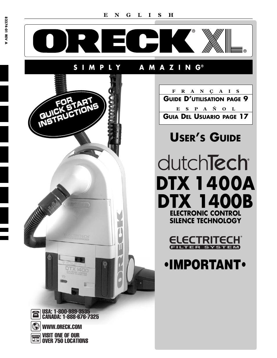 Oreck SIMPLY AMAZING DTX 1400A User Manual | 24 pages