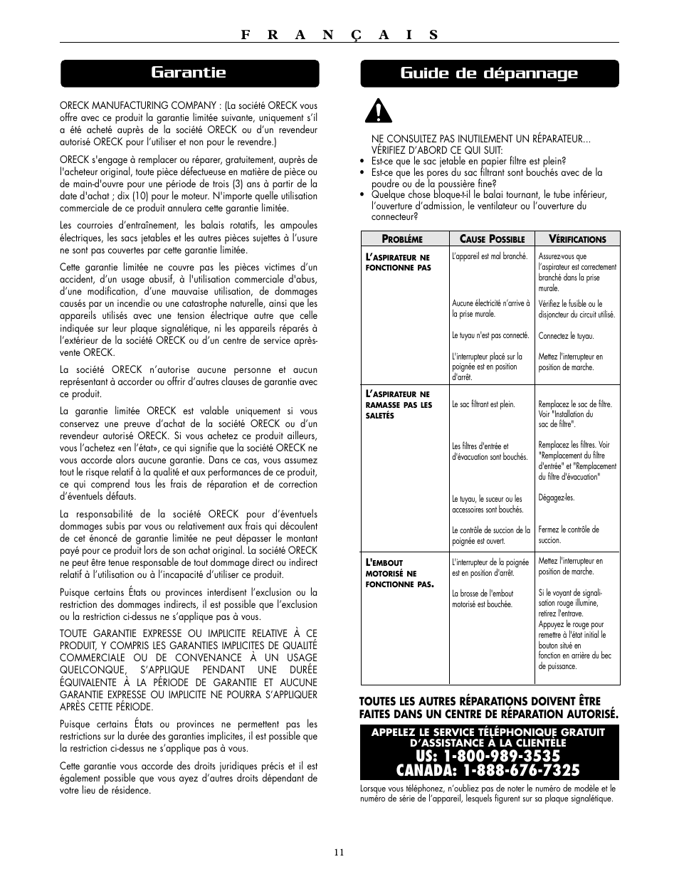 Arantie, Uide de dépannage | Oreck SIMPLY AMAZING DTX 1400A User Manual | Page 11 / 24