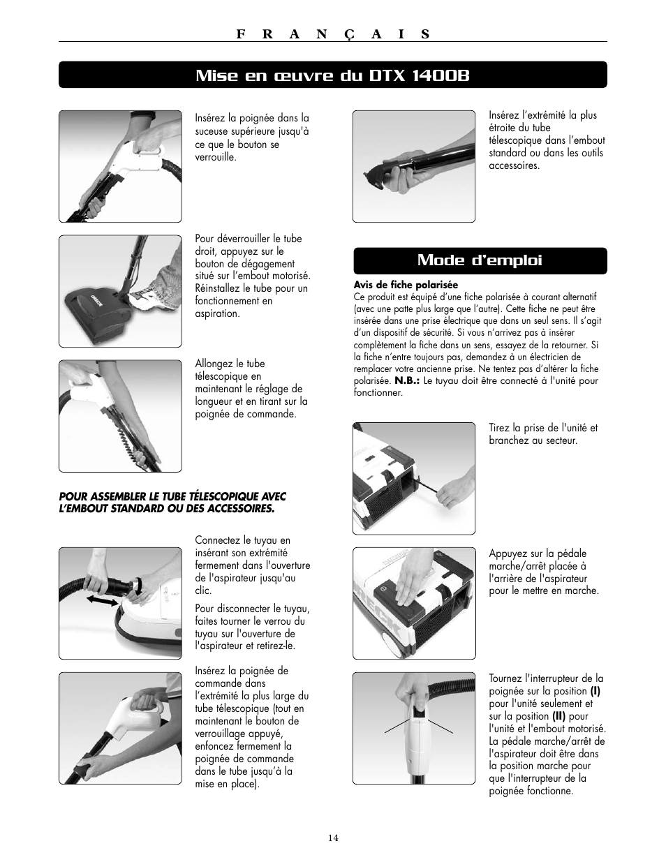 Mise en œuvre du dtx 1400b, Ode d’emploi | Oreck SIMPLY AMAZING DTX 1400A User Manual | Page 14 / 24