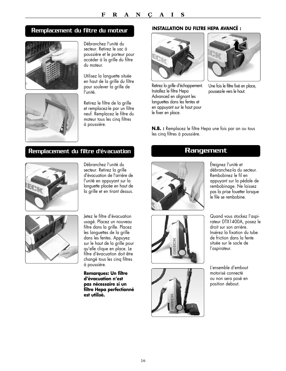 Angement, Emplacement du filtre du moteur, Emplacement du filtre d'évacuation | Oreck SIMPLY AMAZING DTX 1400A User Manual | Page 16 / 24