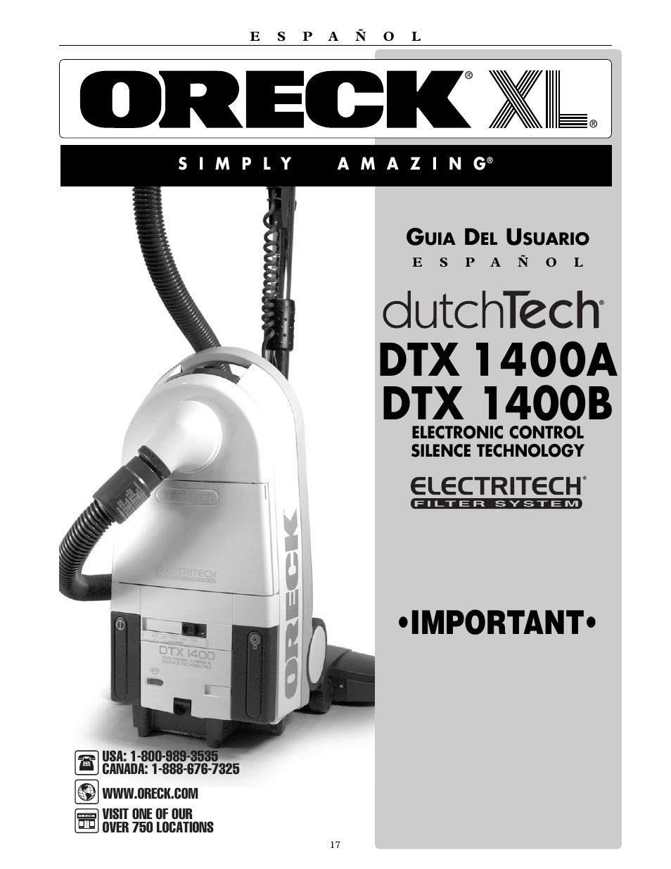 Important | Oreck SIMPLY AMAZING DTX 1400A User Manual | Page 17 / 24