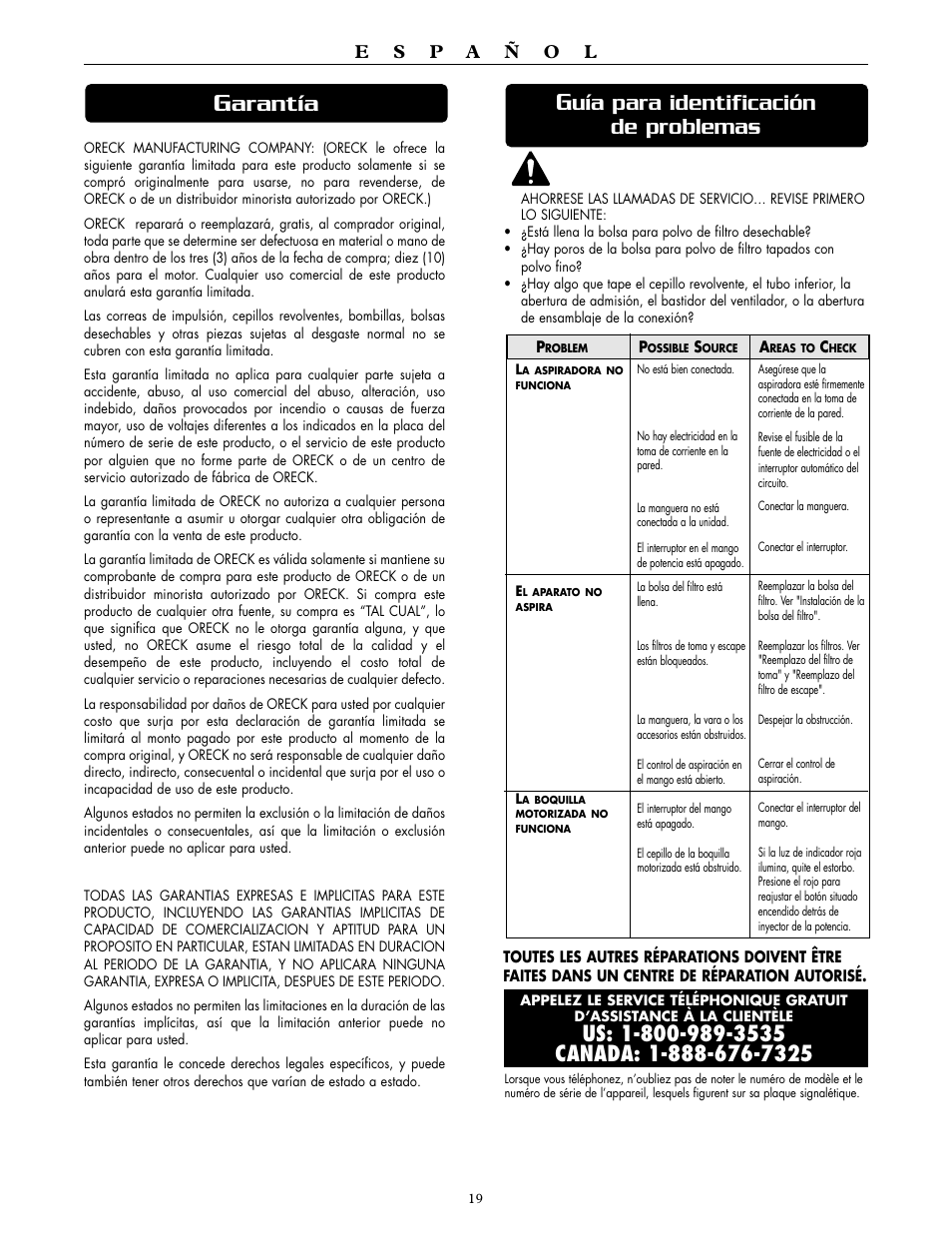 Arantía, Uía para identificación de problemas | Oreck SIMPLY AMAZING DTX 1400A User Manual | Page 19 / 24
