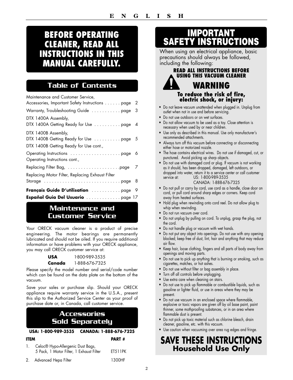 Save these instructions, Important safety instructions, Warning | Aintenance and, Ustomer, Ervice, Able of, Ontents, Household use only, Ccessories | Oreck SIMPLY AMAZING DTX 1400A User Manual | Page 2 / 24
