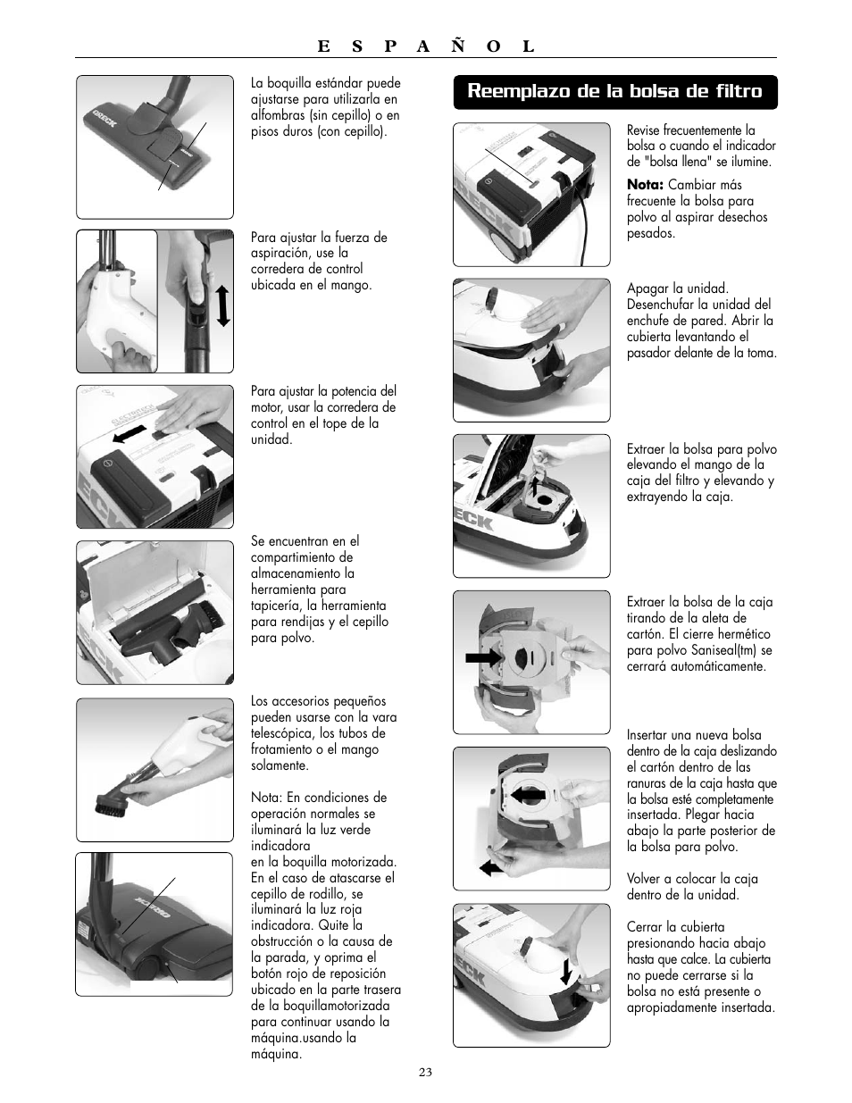 Eemplazo de la bolsa de filtro | Oreck SIMPLY AMAZING DTX 1400A User Manual | Page 23 / 24