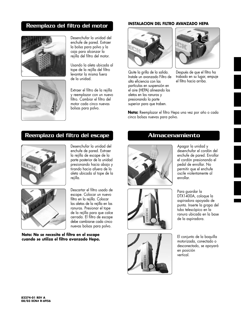 Lmacenamiento, Eemplazo del filtro del motor, Eemplazo del filtro del escape | Oreck SIMPLY AMAZING DTX 1400A User Manual | Page 24 / 24