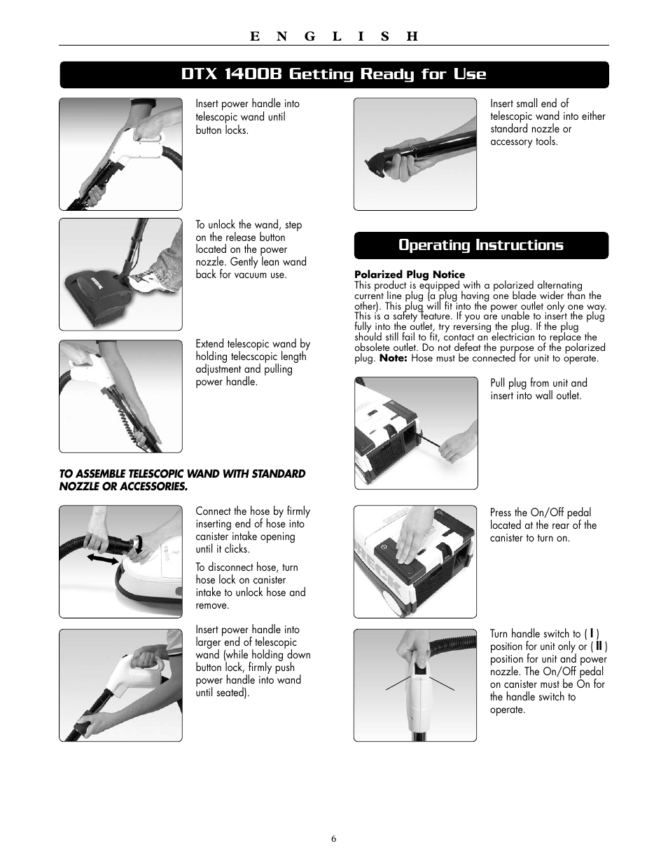 Dtx 1400b g, Etting, Eady for | Perating, Nstructions | Oreck SIMPLY AMAZING DTX 1400A User Manual | Page 6 / 24