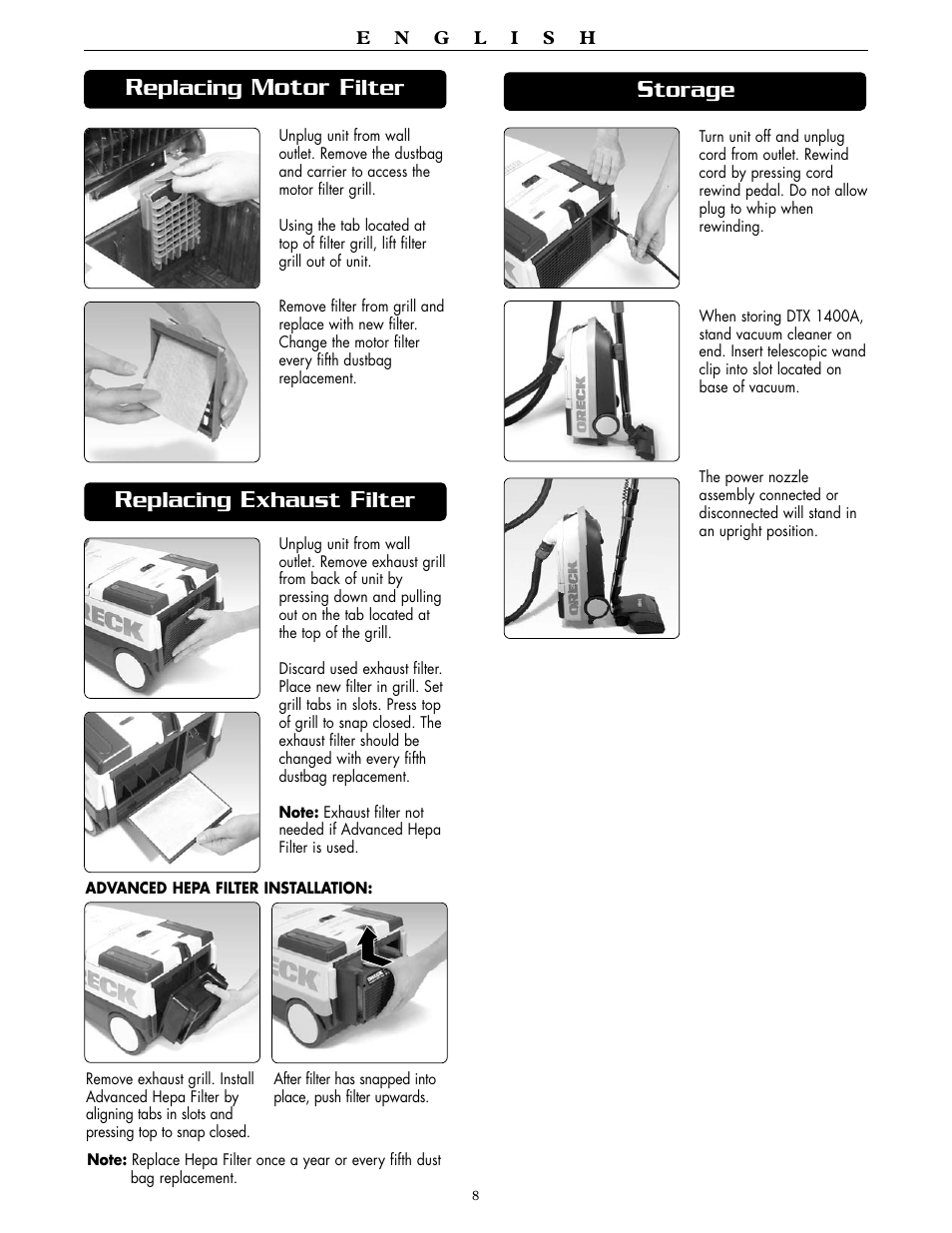 Motor f, Eplacing, Ilter | Xhaust, Torage | Oreck SIMPLY AMAZING DTX 1400A User Manual | Page 8 / 24