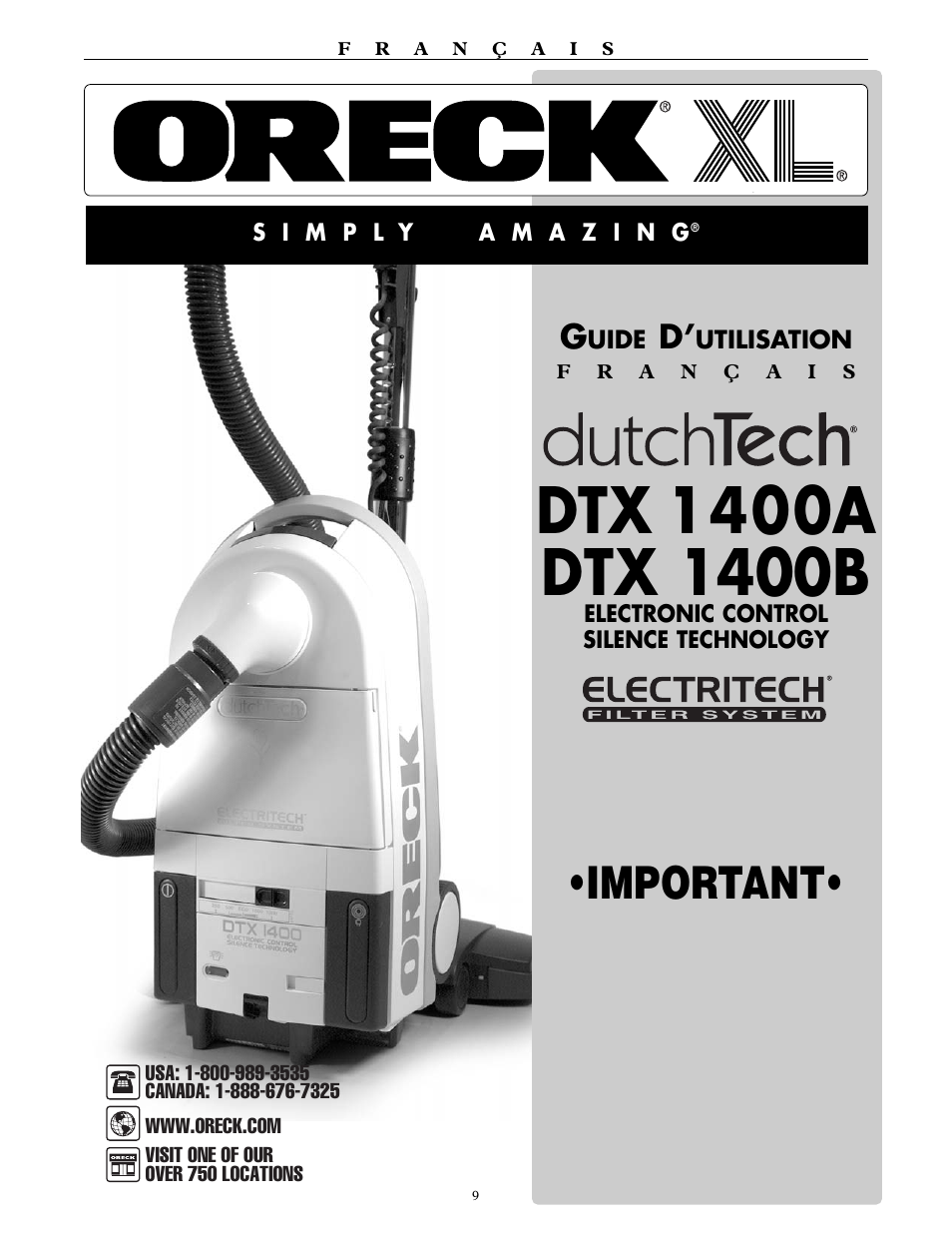 Important | Oreck SIMPLY AMAZING DTX 1400A User Manual | Page 9 / 24