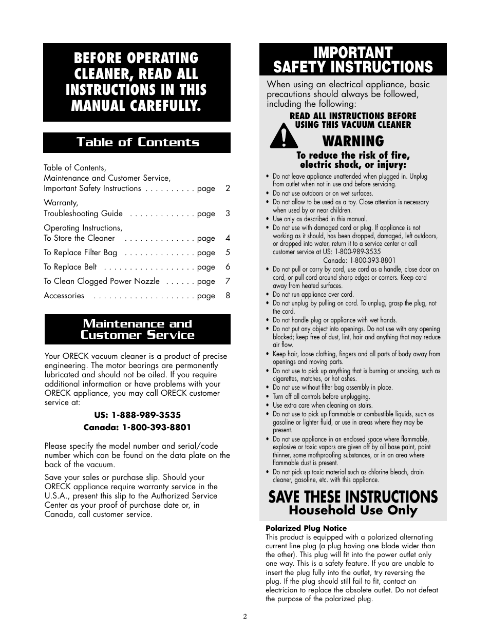 Important safety instructions, Save these instructions, Warning | Able of, Ontents, Household use only, Aintenance and, Ustomer, Ervice | Oreck SIMPLY AMAZING APU255 User Manual | Page 2 / 8