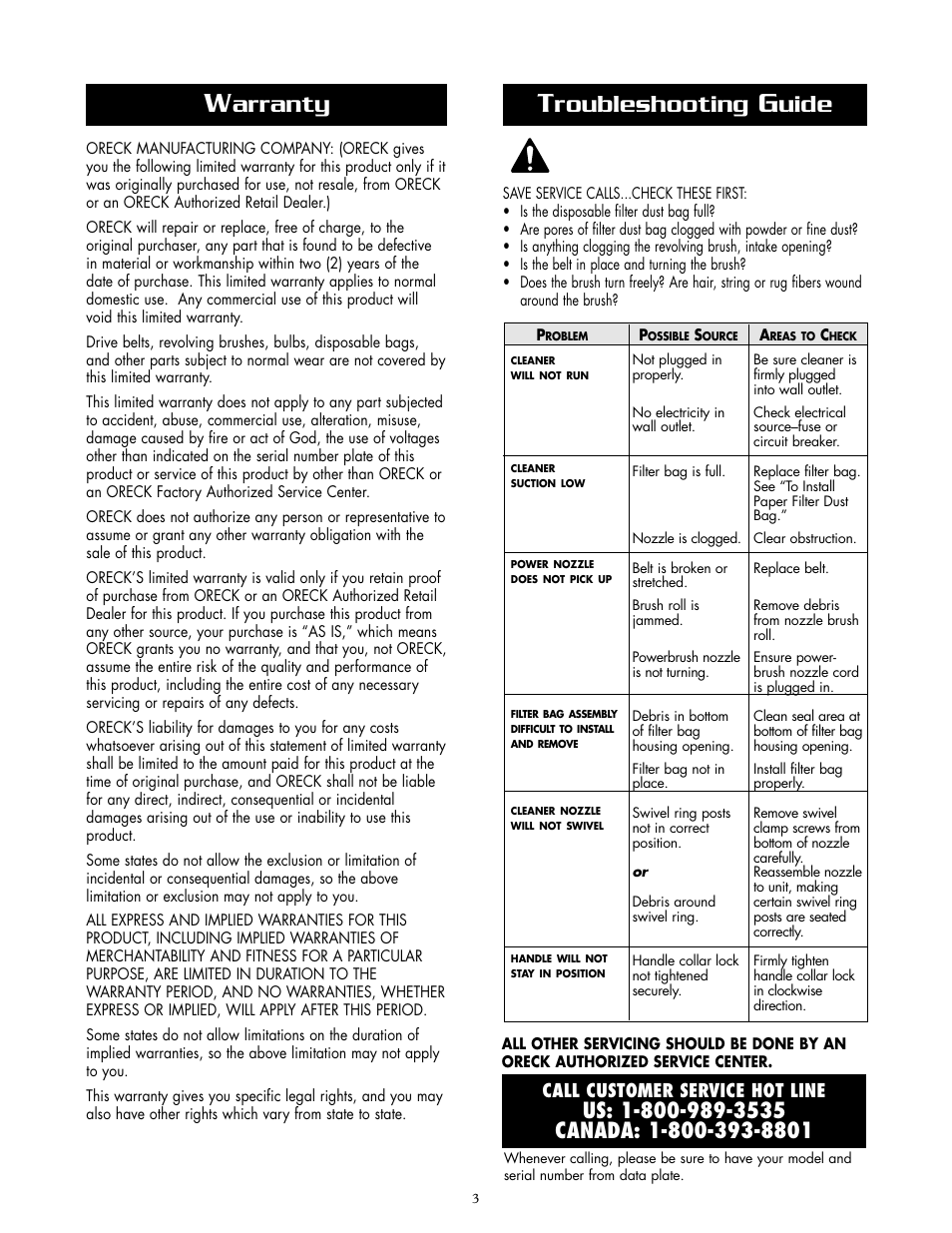 Arranty, Roubleshooting, Uide | Oreck SIMPLY AMAZING APU255 User Manual | Page 3 / 8