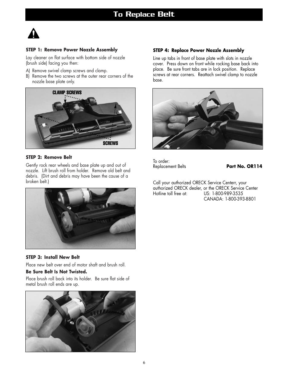 Belt, Eplace | Oreck SIMPLY AMAZING APU255 User Manual | Page 6 / 8