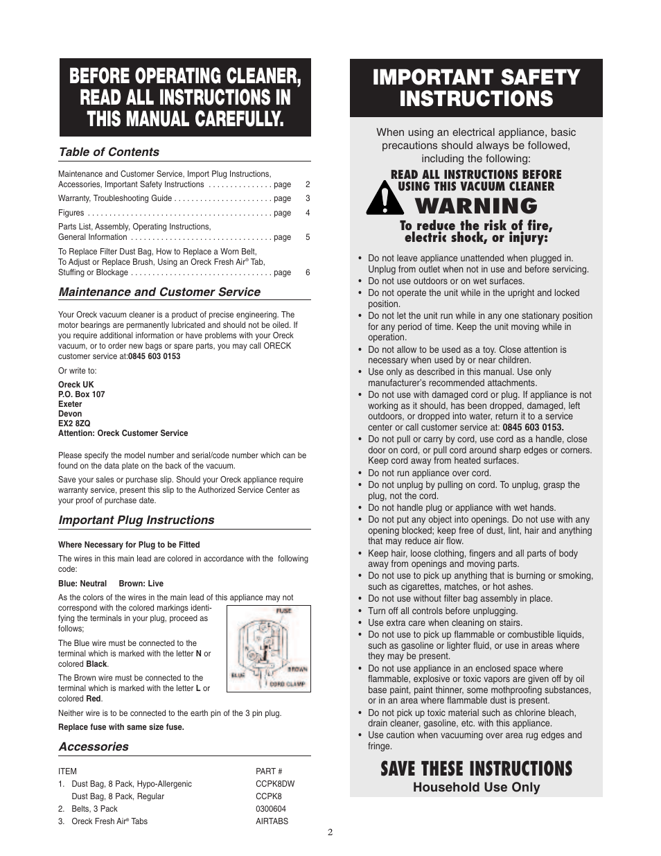 Important safety instructions, Warning, Save these instructions | Household use only | Oreck XL U2565RH User Manual | Page 2 / 8