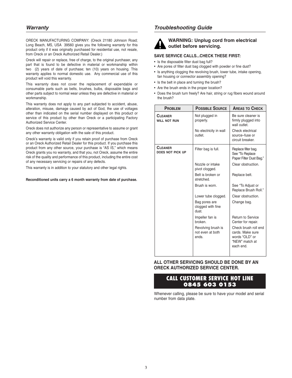 Call customer service hot line, Warranty, Troubleshooting guide | Oreck XL U2565RH User Manual | Page 3 / 8