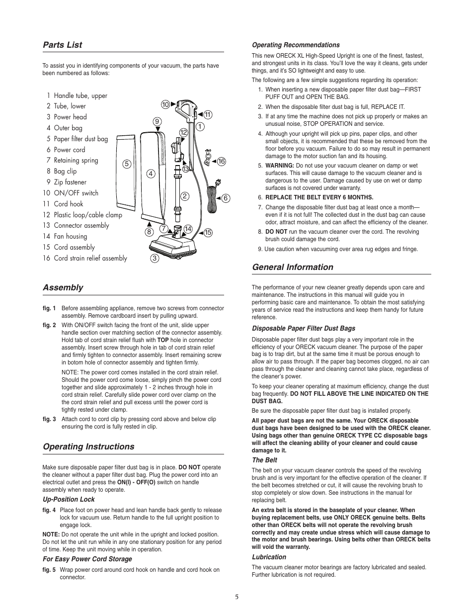 General information, Parts list, Assembly | Operating instructions | Oreck XL U2565RH User Manual | Page 5 / 8