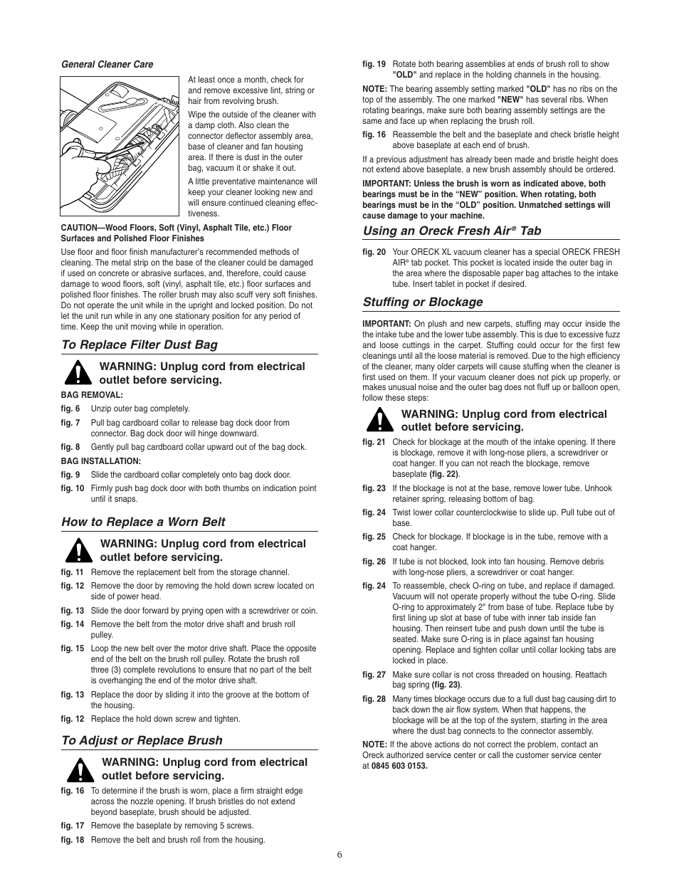 Using an oreck fresh air, Stuffing or blockage, How to replace a worn belt | Oreck XL U2565RH User Manual | Page 6 / 8