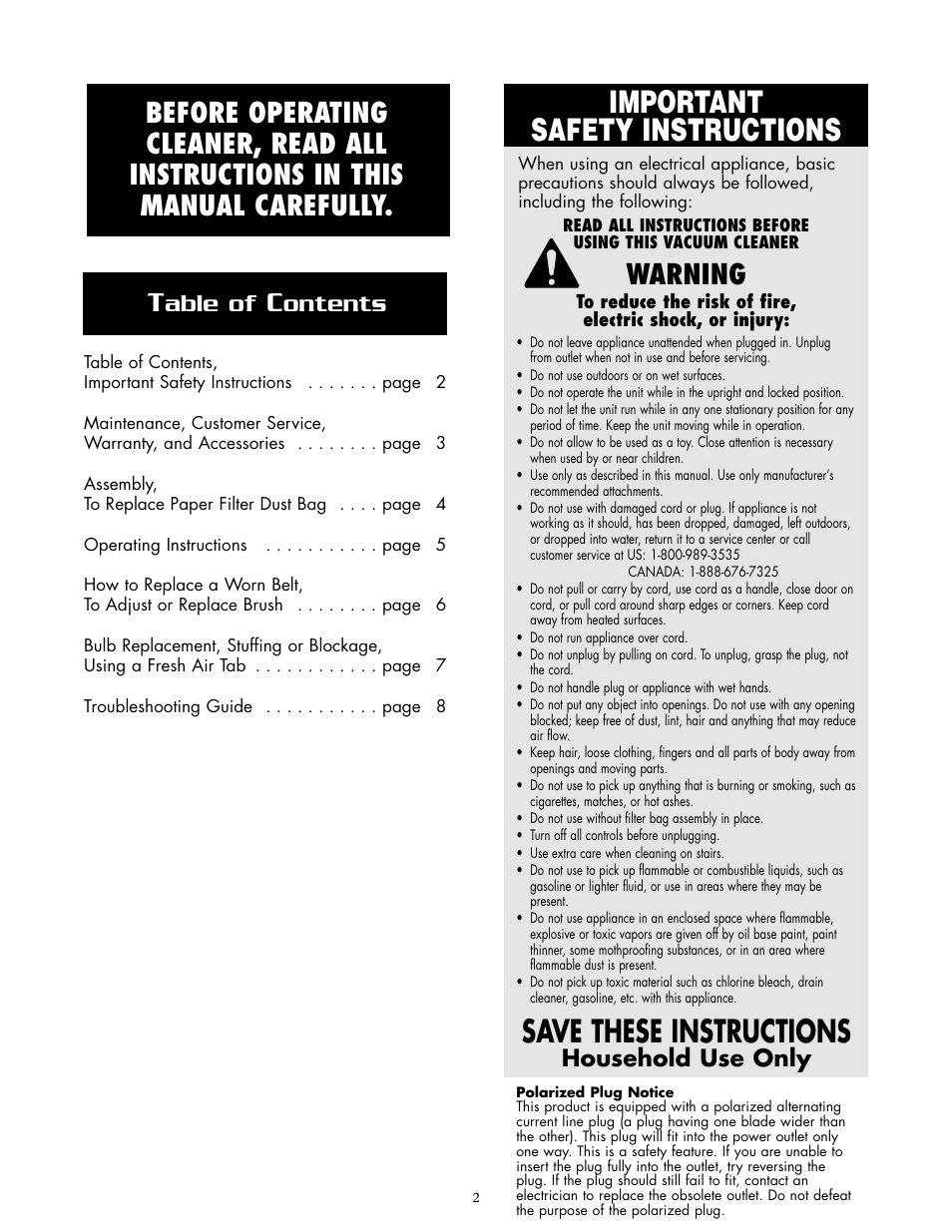 Important safety instructions, Save these instructions, Warning | Able of, Ontents, Household use only | Oreck XL2800H2 User Manual | Page 2 / 8