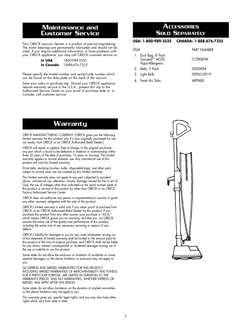 Arranty, Aintenance and, Ustomer | Ervice | Oreck XL2800H2 User Manual | Page 3 / 8