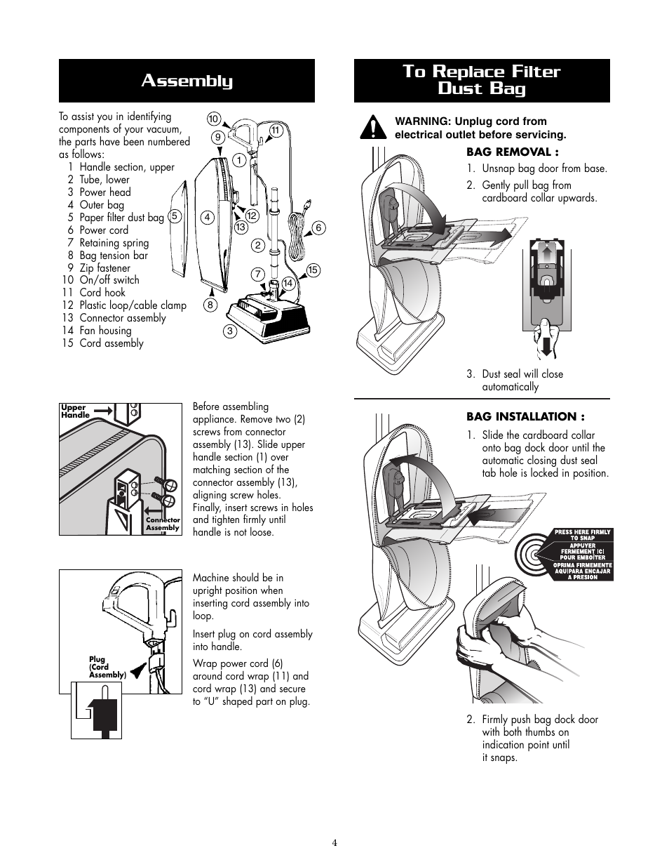 Ssembly, Eplace, Ilter | Oreck XL2800H2 User Manual | Page 4 / 8