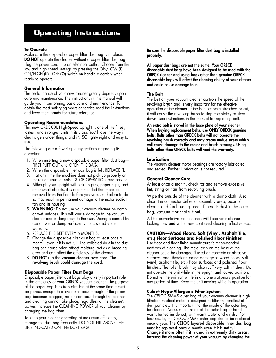 Perating, Nstructions | Oreck XL2800H2 User Manual | Page 5 / 8