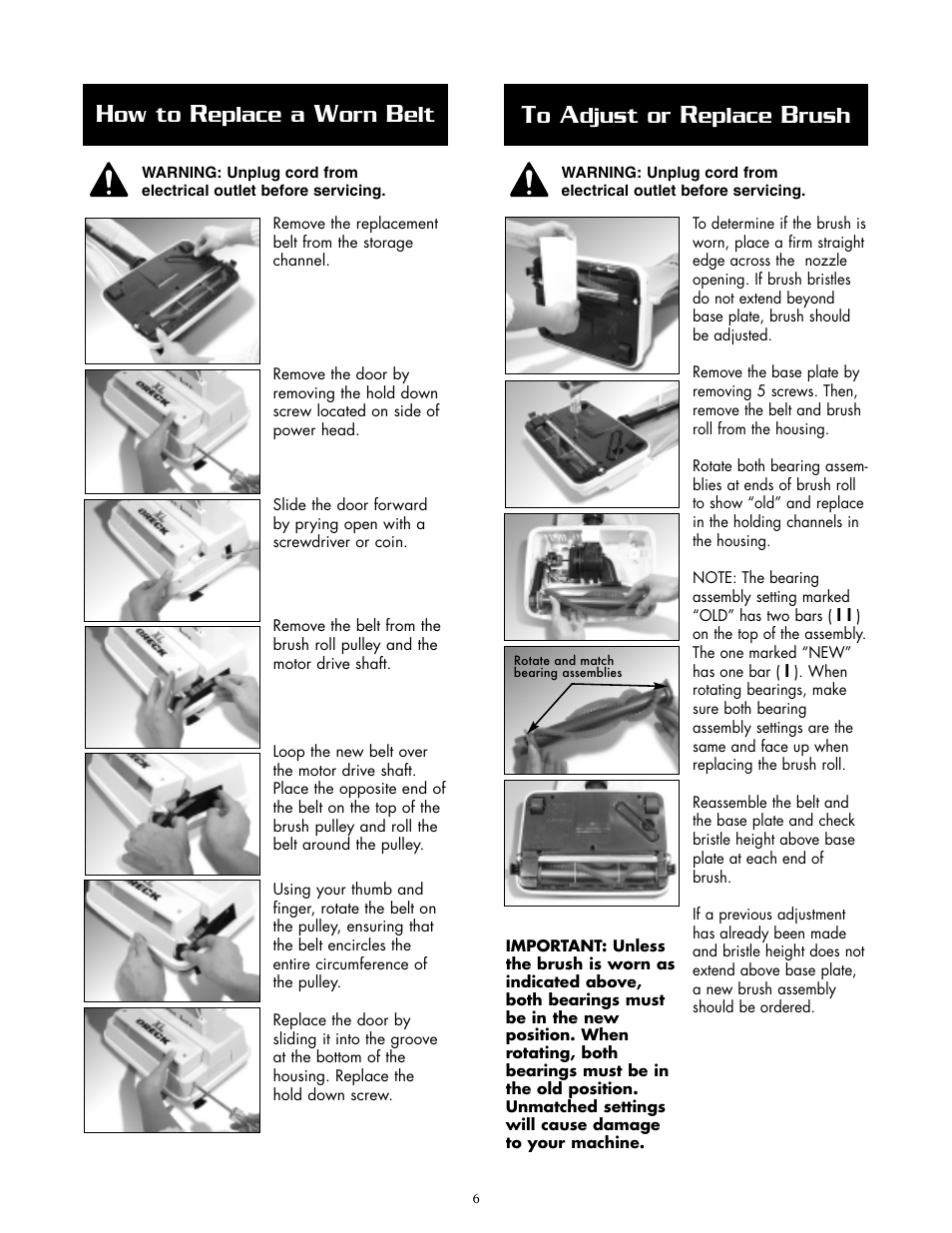 Ow to, Eplace a, Djust or | Eplace, Rush | Oreck XL2800H2 User Manual | Page 6 / 8