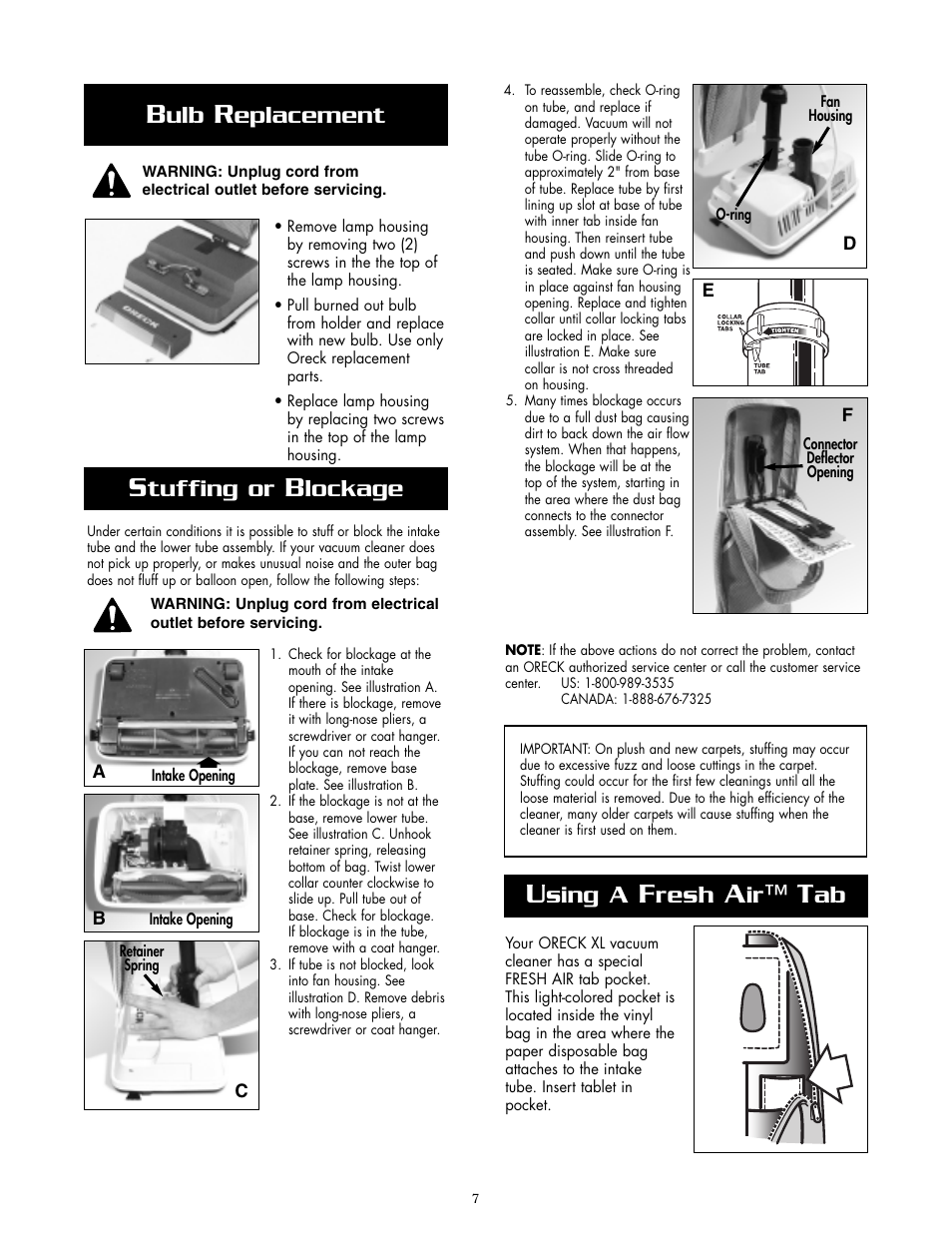 Eplacement, Tuffing or, Lockage | Sing a, Resh | Oreck XL2800H2 User Manual | Page 7 / 8