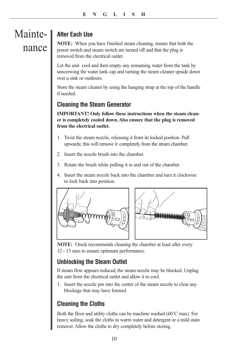 Mainte- nance | Oreck STEAM-IT STEAM100 User Manual | Page 10 / 12