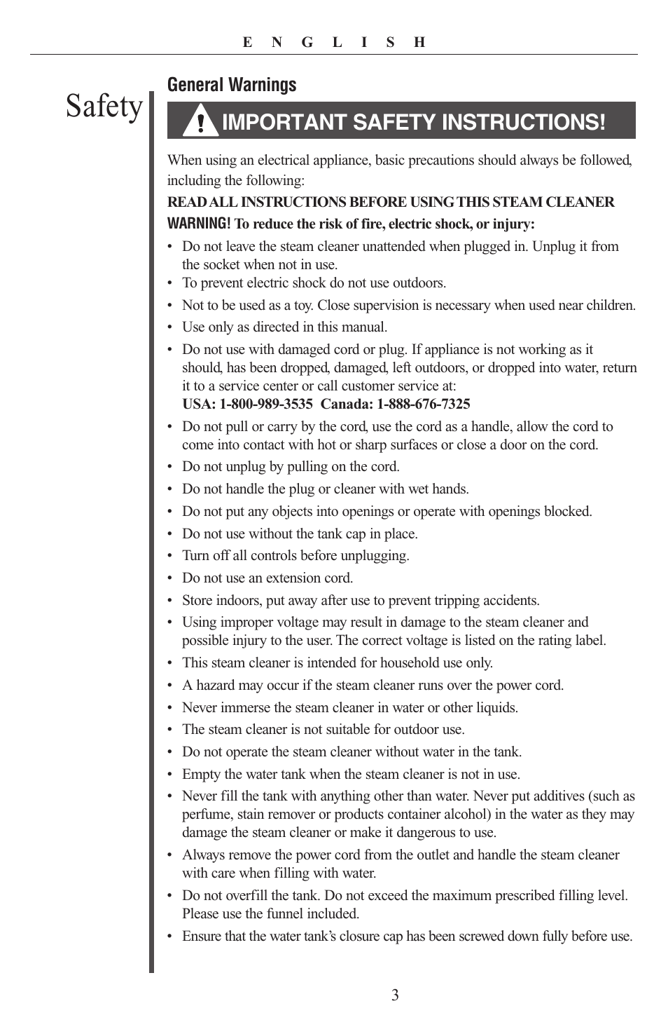 Safety, Important safety instructions, General warnings | Oreck STEAM-IT STEAM100 User Manual | Page 3 / 12