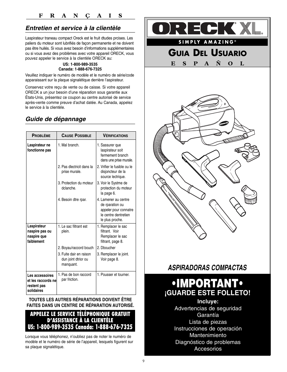 Important, Aspiradoras compactas, Suario | Guarde este folleto, Entretien et service à la clientèle, Guide de dépannage | Oreck BB1100 User Manual | Page 10 / 16