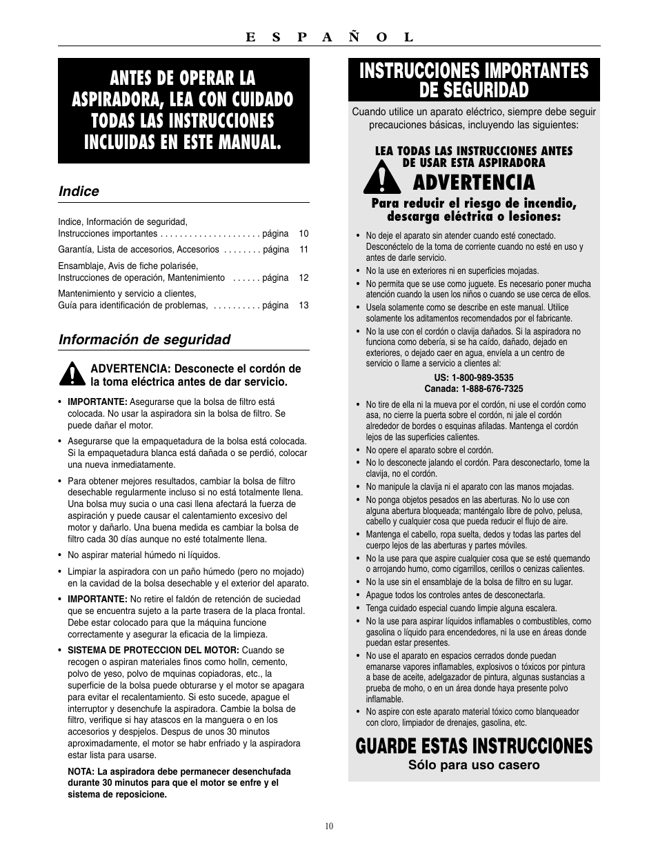 Instrucciones importantes de seguridad, Guarde estas instrucciones, Advertencia | Indice, Información de seguridad | Oreck BB1100 User Manual | Page 11 / 16