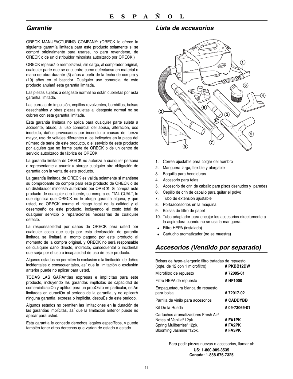 Lista de accesorios, Accesorios (vendido por separado), Garantie | Oreck BB1100 User Manual | Page 12 / 16