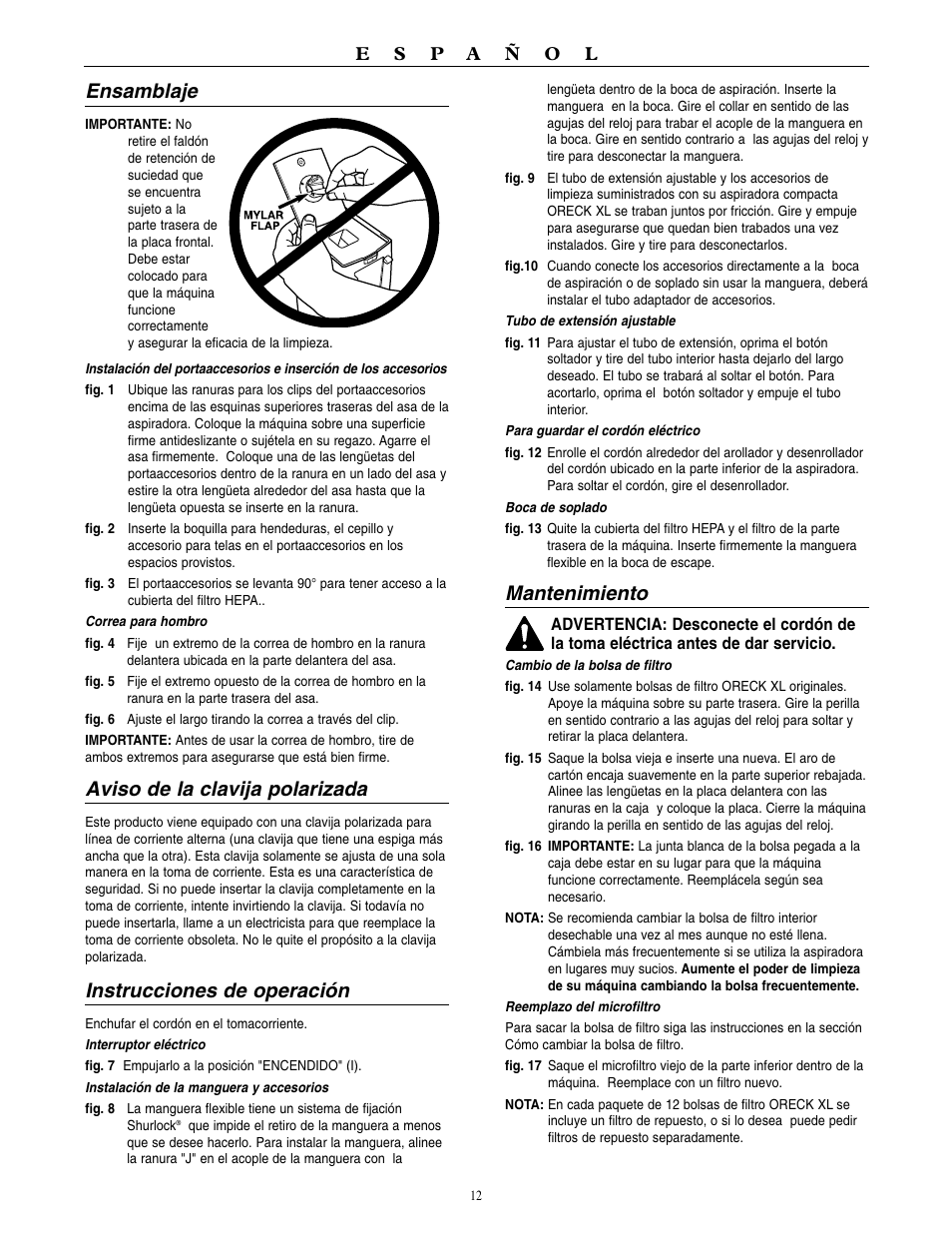 Mantenimiento, Ensamblaje, Aviso de la clavija polarizada | Instrucciones de operación | Oreck BB1100 User Manual | Page 13 / 16