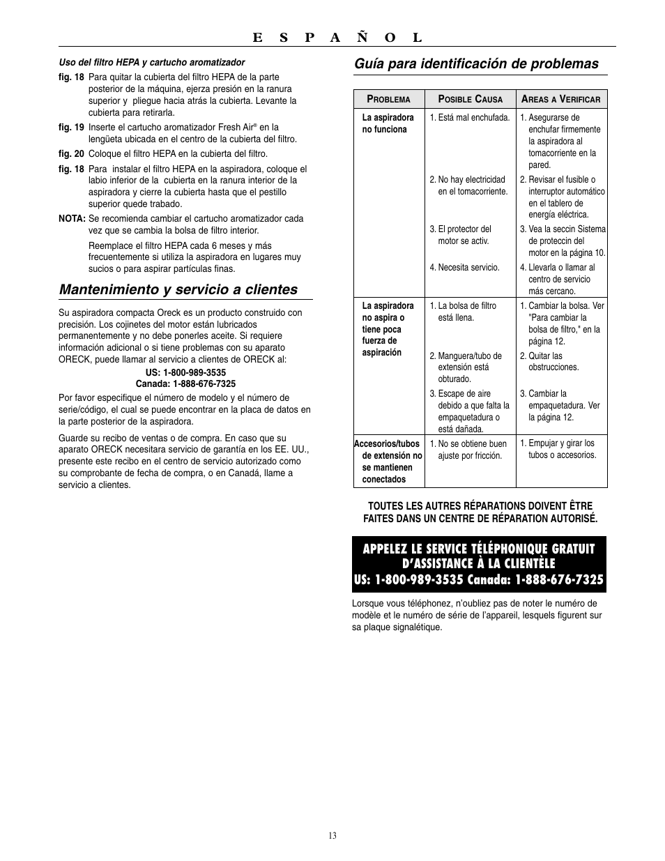 Guía para identificación de problemas, Mantenimiento y servicio a clientes | Oreck BB1100 User Manual | Page 14 / 16