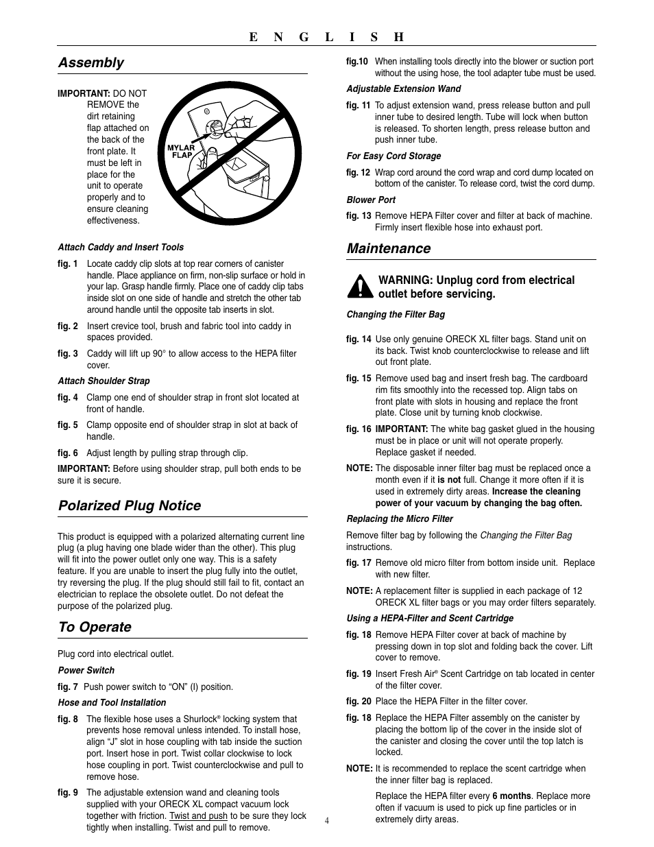 Maintenance, Assembly, Polarized plug notice | Oreck BB1100 User Manual | Page 5 / 16
