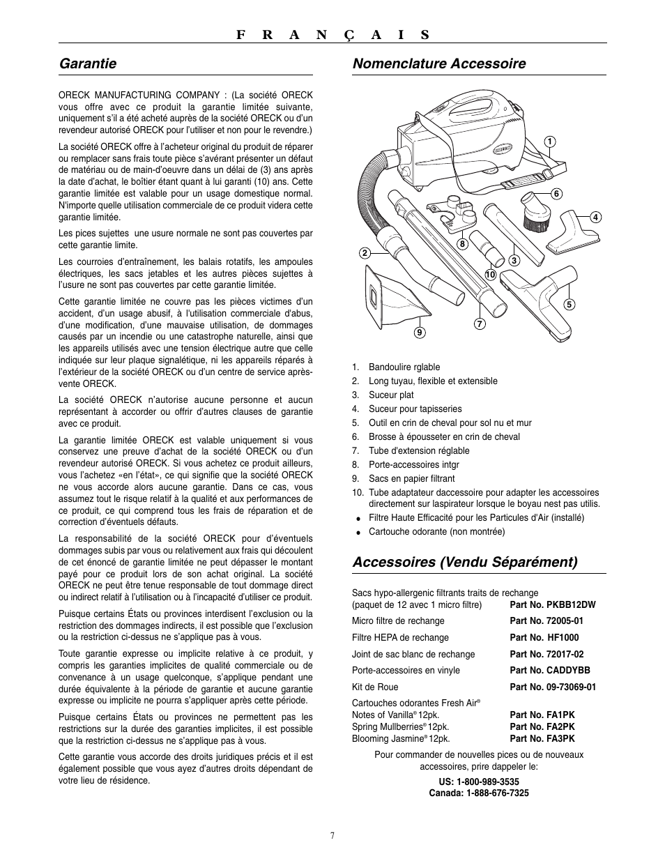Nomenclature accessoire, Accessoires (vendu séparément), Garantie | Oreck BB1100 User Manual | Page 8 / 16