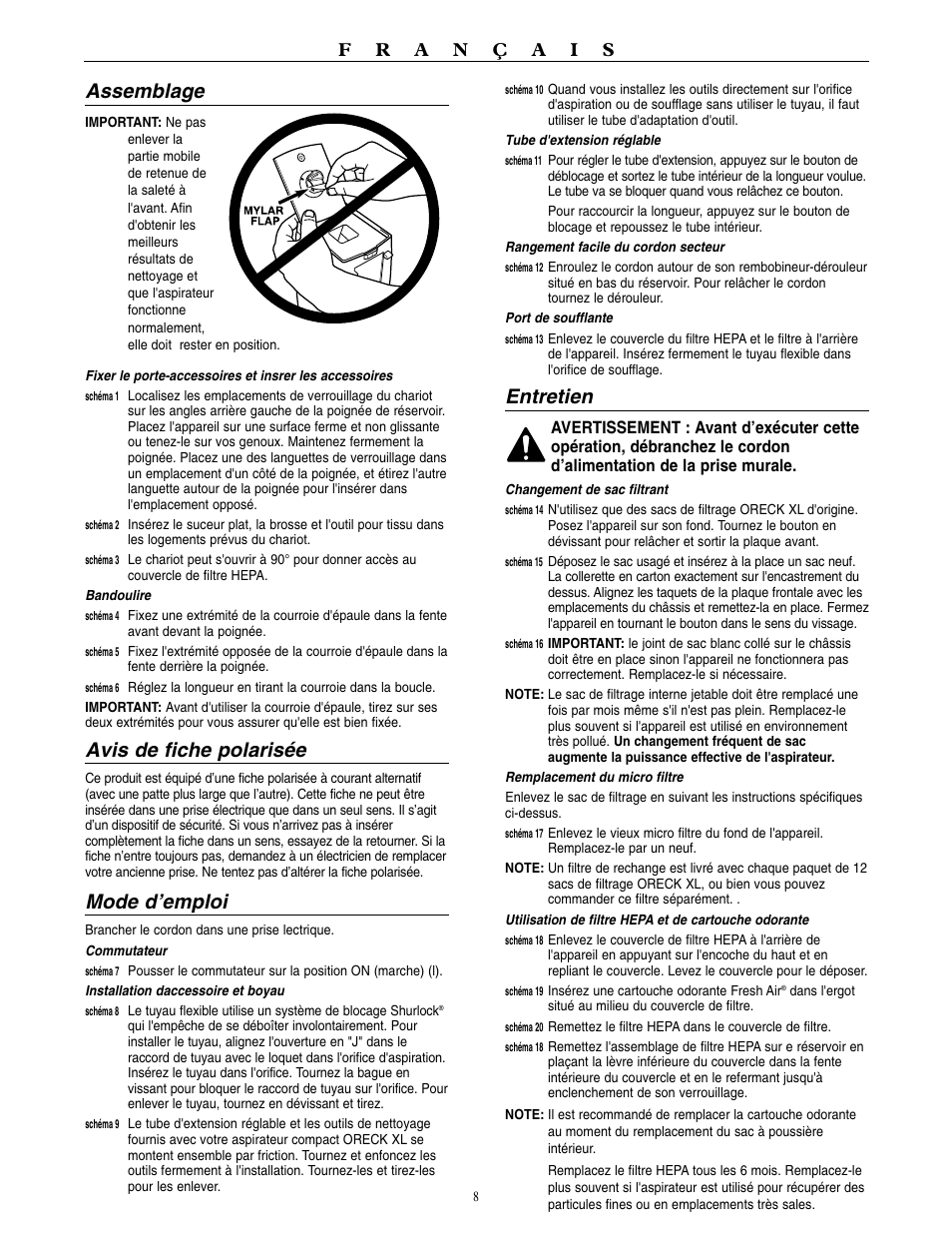 Entretien, Assemblage, Avis de fiche polarisée | Mode d’emploi | Oreck BB1100 User Manual | Page 9 / 16