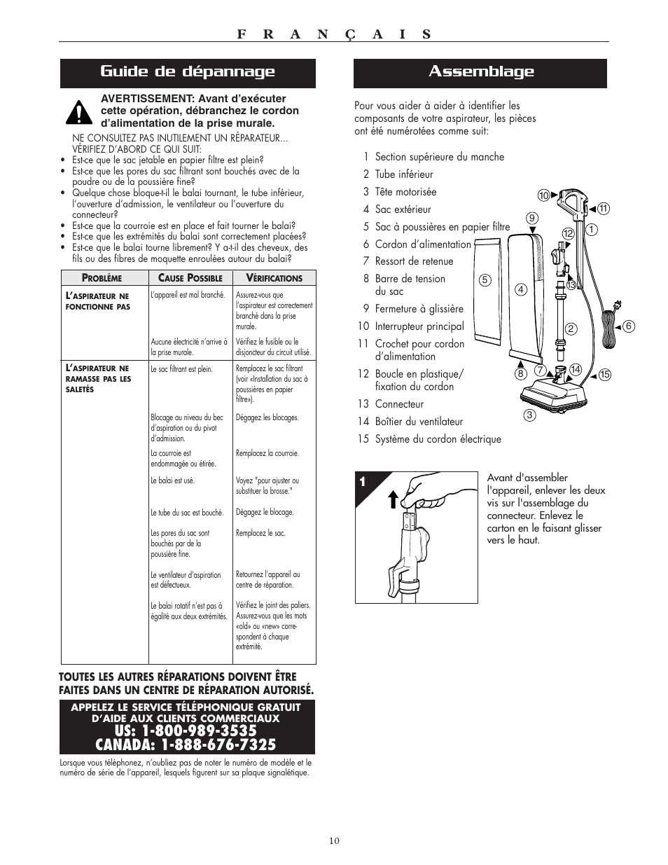 Ssemblage, Uide de dépannage | Oreck XL2100RH User Manual | Page 10 / 20