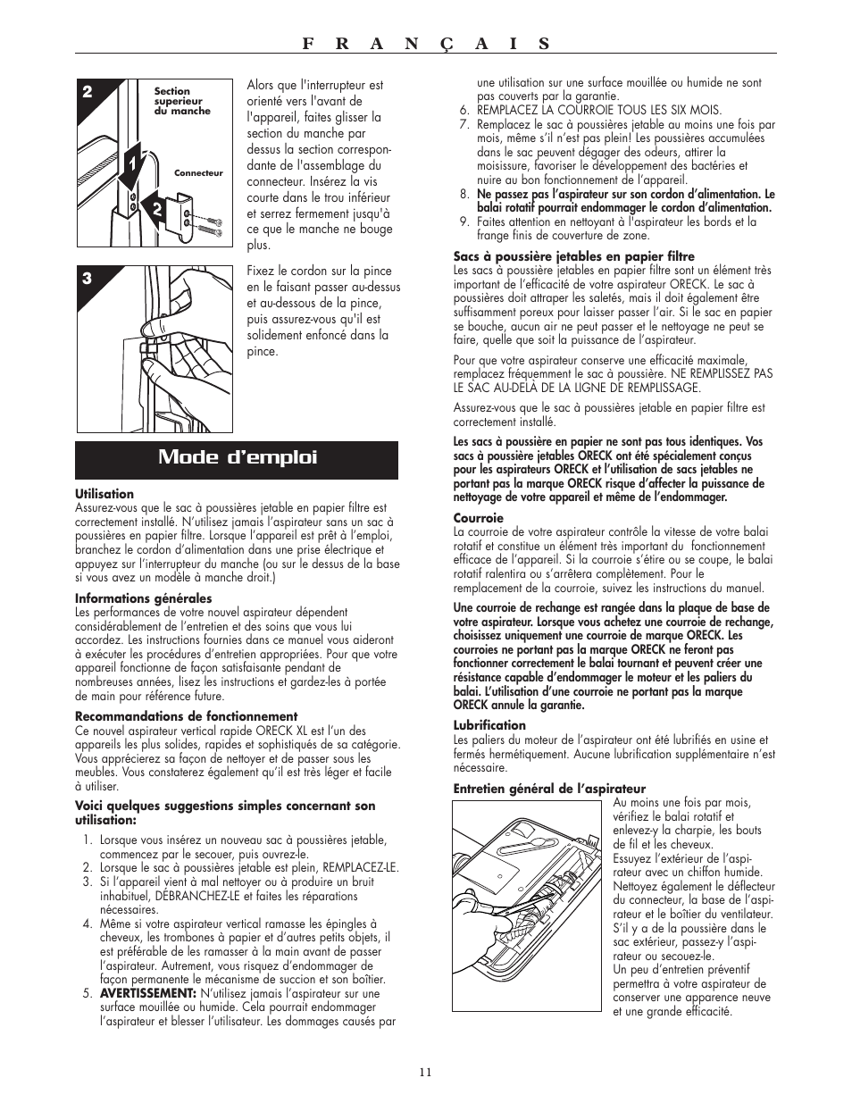 Ode d’emploi | Oreck XL2100RH User Manual | Page 11 / 20