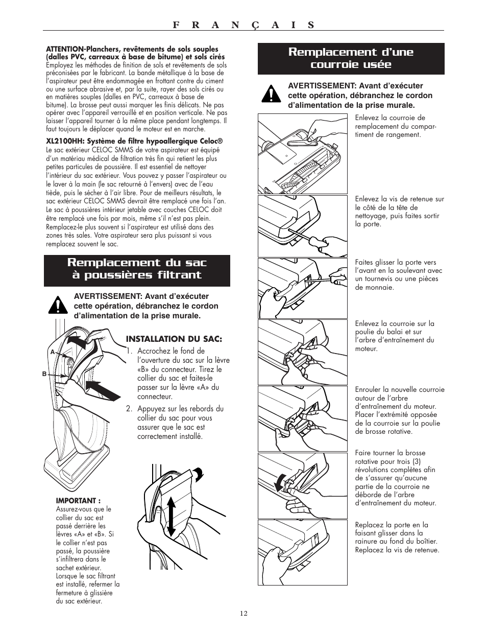 Emplacement d’une courroie usée, Emplacement du sac à poussières filtrant | Oreck XL2100RH User Manual | Page 12 / 20