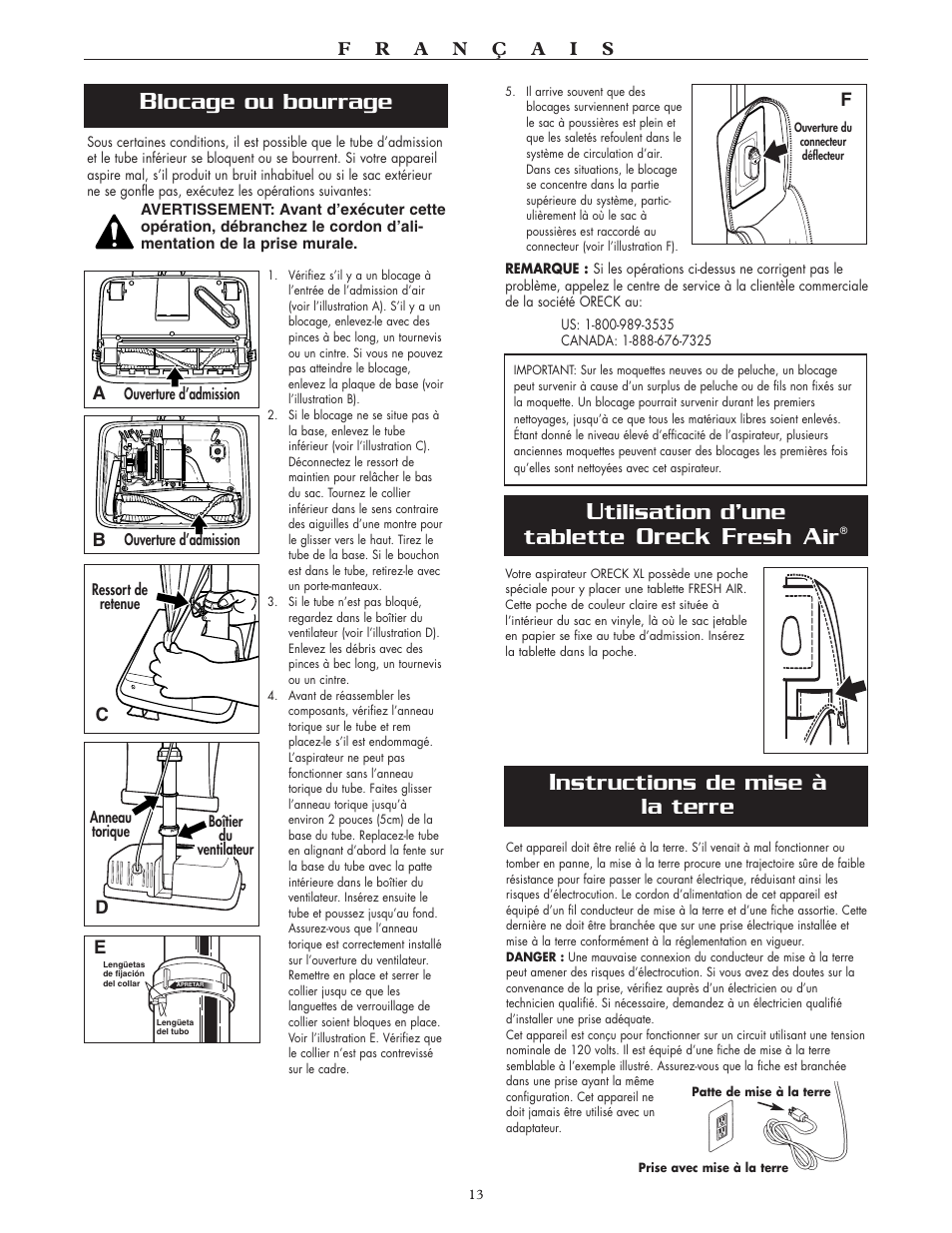 Oreck f, Tilisation d’une tablette, Resh | Locage ou bourrage, Nstructions de mise à la terre | Oreck XL2100RH User Manual | Page 13 / 20