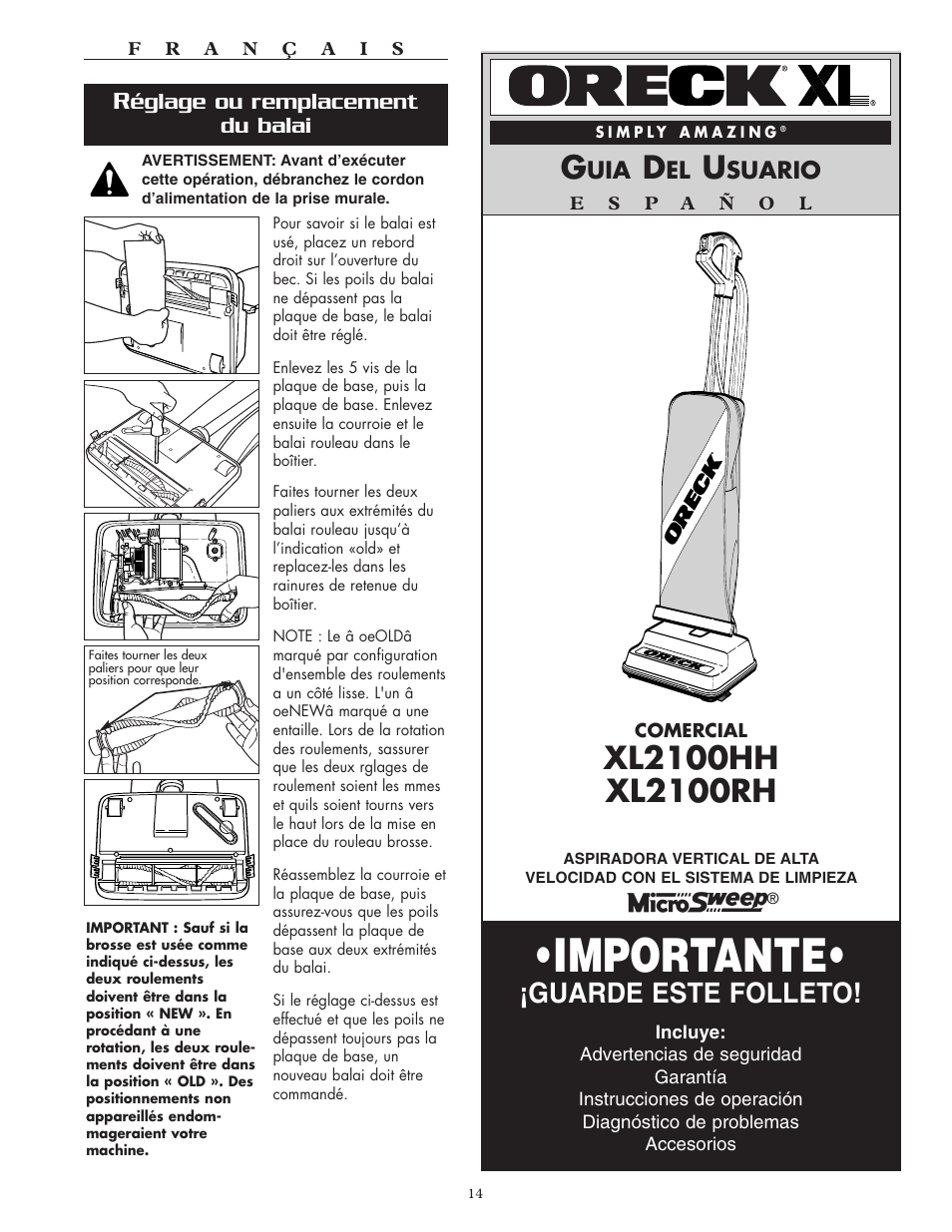 Importante, Guarde este folleto, Suario | Églage ou remplacement du balai | Oreck XL2100RH User Manual | Page 14 / 20