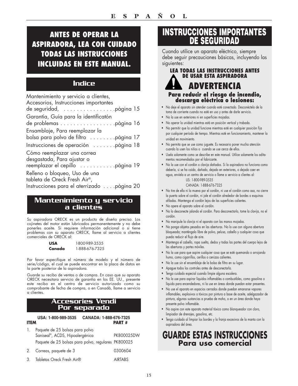 Instrucciones importantes de seguridad, Guarde estas instrucciones, Advertencia | Para uso comercial | Oreck XL2100RH User Manual | Page 15 / 20