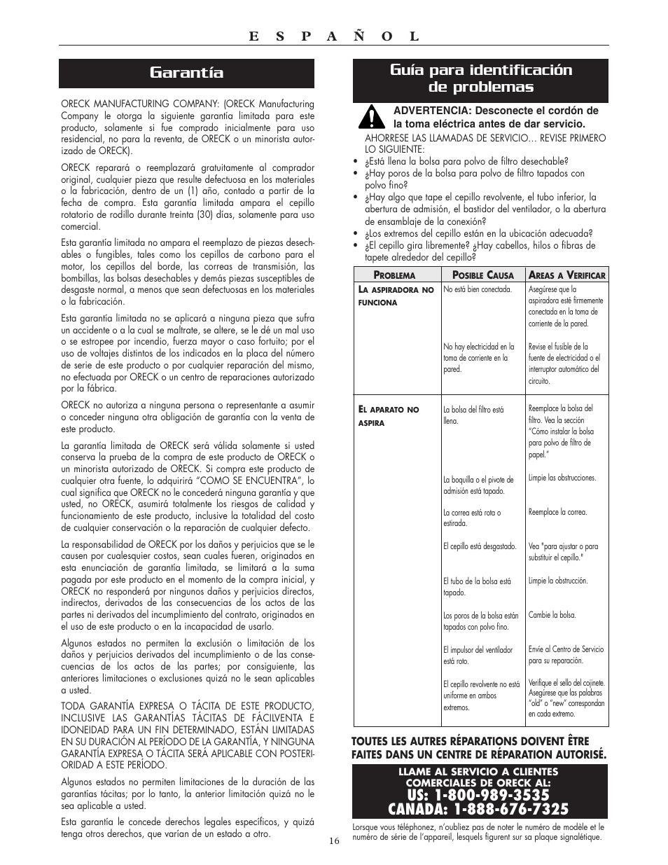 Arantía, Uía para identificación de problemas | Oreck XL2100RH User Manual | Page 16 / 20