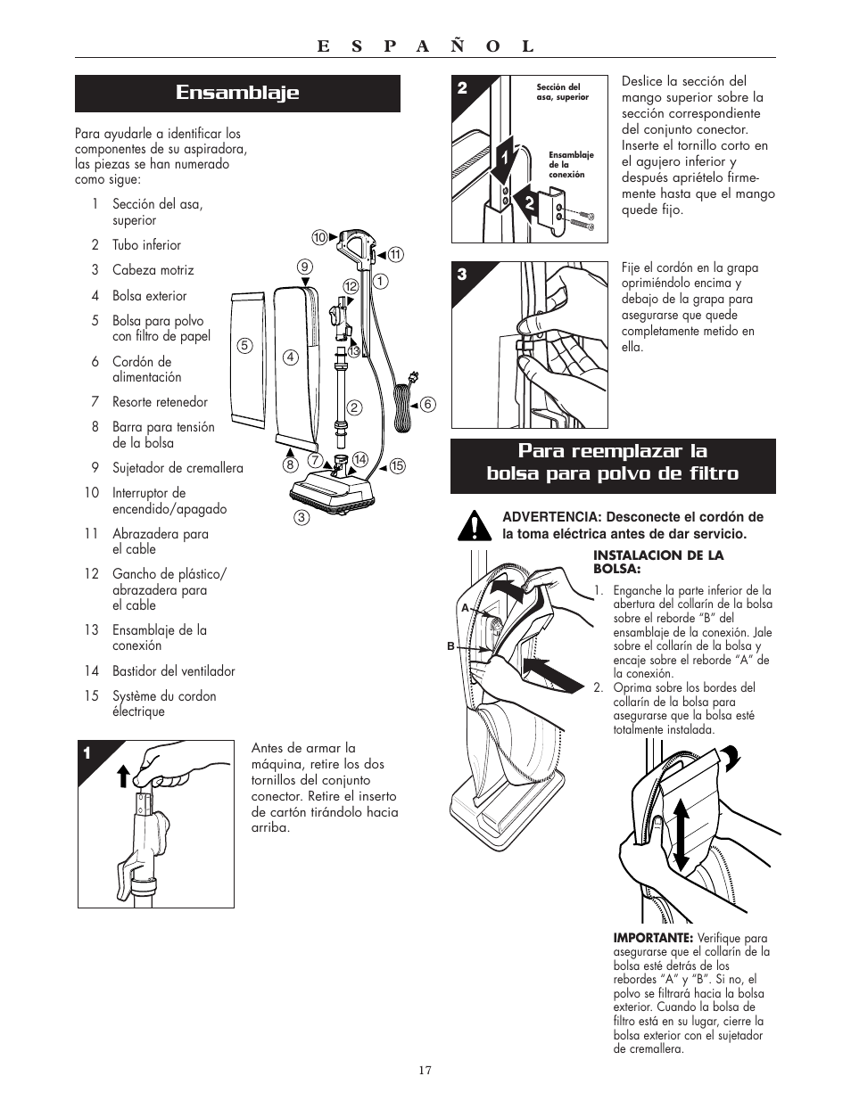 Nsamblaje, Ara reemplazar la bolsa para polvo de filtro | Oreck XL2100RH User Manual | Page 17 / 20
