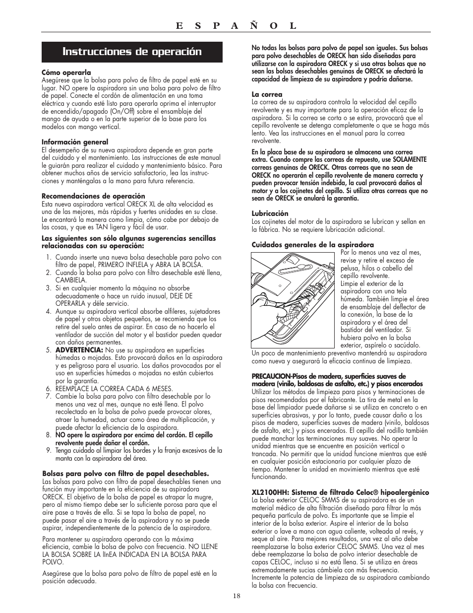 Nstrucciones de operación | Oreck XL2100RH User Manual | Page 18 / 20