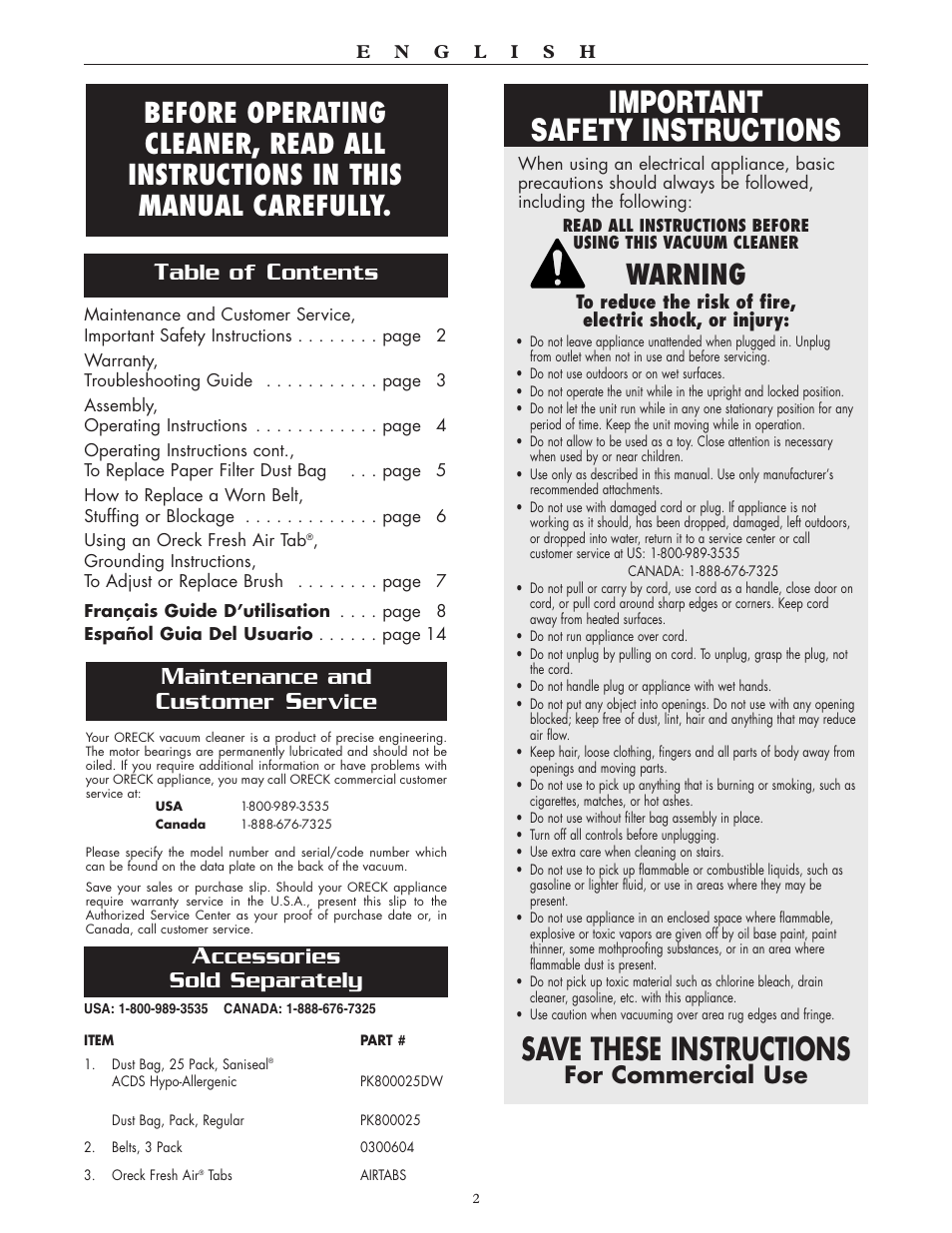 Important safety instructions, Save these instructions, Warning | For commercial use, Able of, Ontents, Aintenance and, Ustomer, Ervice, Ccessories sold separately | Oreck XL2100RH User Manual | Page 2 / 20