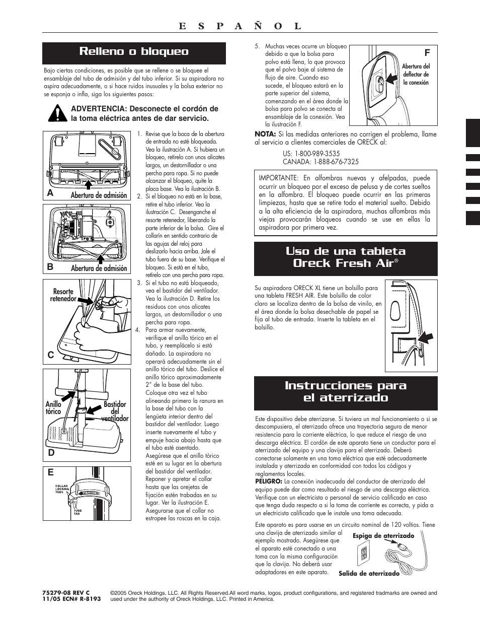 Oreck f, Instrucciones para el aterrizado, So de una tableta | Resh, Elleno o bloqueo | Oreck XL2100RH User Manual | Page 20 / 20