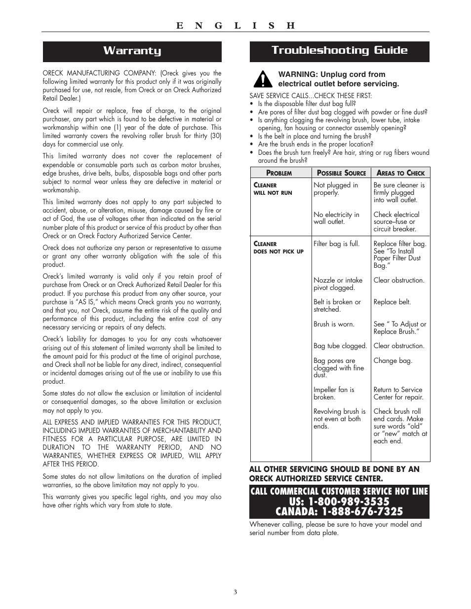 Arranty, Roubleshooting, Uide | Oreck XL2100RH User Manual | Page 3 / 20